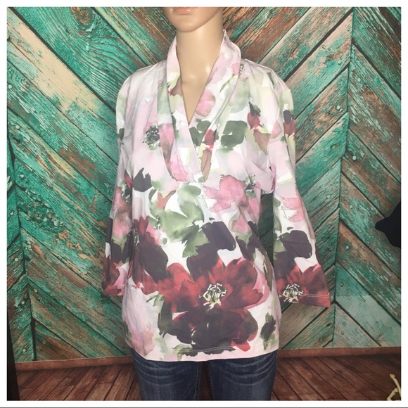 St. John Floral Ruched Collar Nylon Blend Blouse - Picture 3 of 5